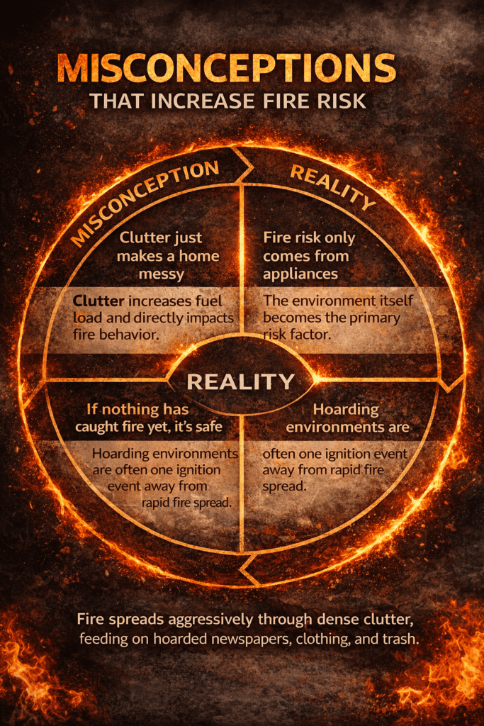 Circular infographic illustrating misconceptions about fire risk in hoarding environments, contrasting common beliefs with realities such as increased fuel load, environmental fire hazards, and the risk of rapid fire spread from a single ignition source